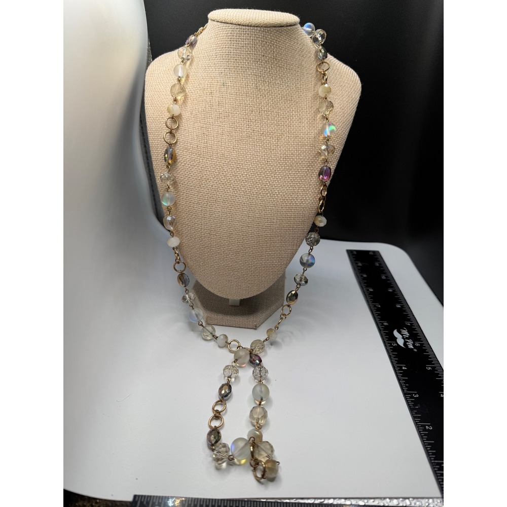 Gold Tone Iridescent Glass Beaded Station Necklace Aurora Borealis 29"
